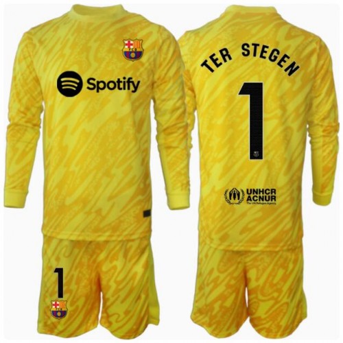 Barcelona Ter Stegen #1 Goalkeeper Cheap Home Stadium Kit for Kids 2024-25 Long Sleeve (+ pants)