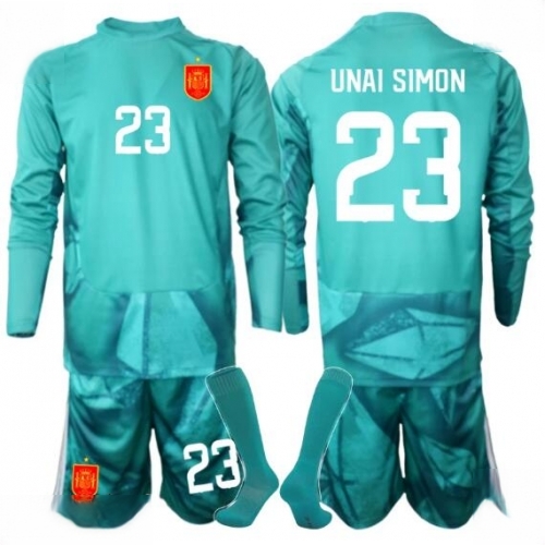 Buy Spain Unai Simon #23 Goalkeeper Soccer Jerseys Away Stadium Kit for Kids World Cup 2026 Long Sleeve (+ pants) For Sale Spain Unai Simon #23 Goalkeeper Soccer Jerseys Away Stadium Kit for Kids World Cup 2026 Long Sleeve (+ pants)
